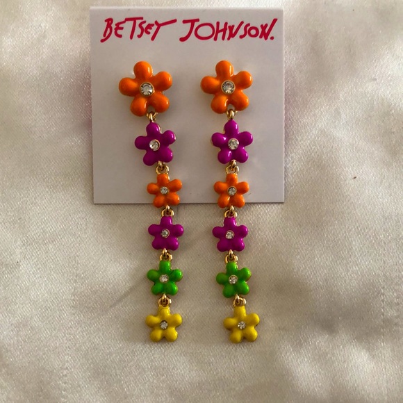 Betsey Johnson Gold Tone Linear Enamel Multicolored Flower Drop Earrings NWT - Picture 2 of 10